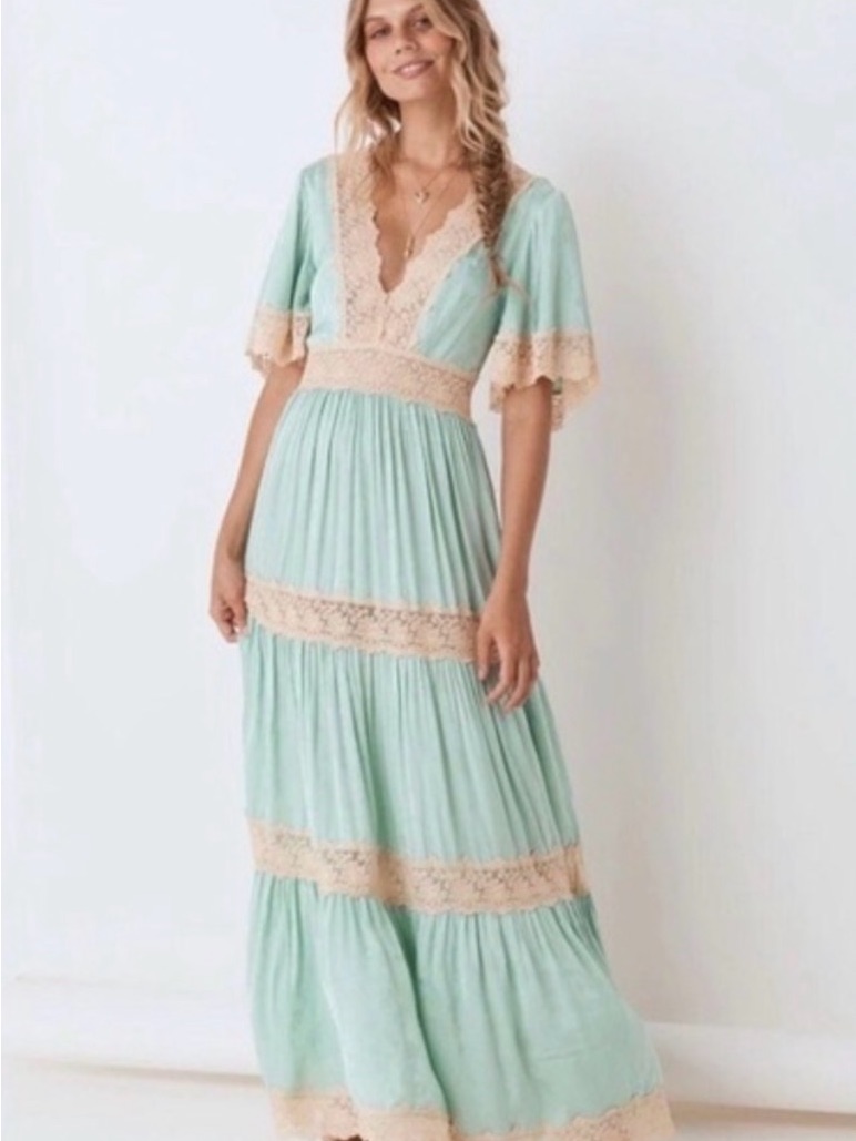 Mint Green Lace-Trim Maxi Dress With V-Neck